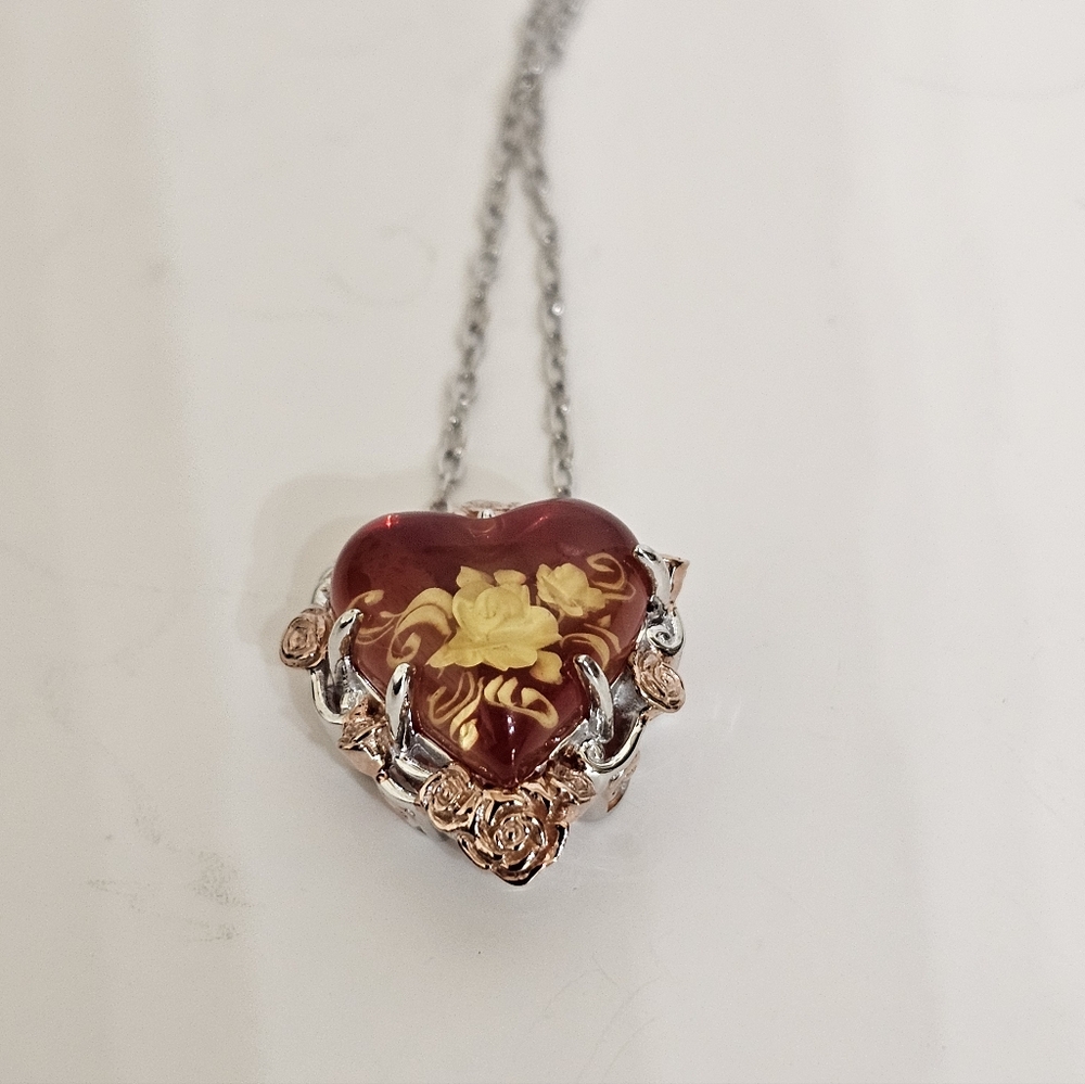 Gems En Vogue Amber Heart 18K Rose Gold Palladium Sterling Silver Necklace! - Picture 6 of 7